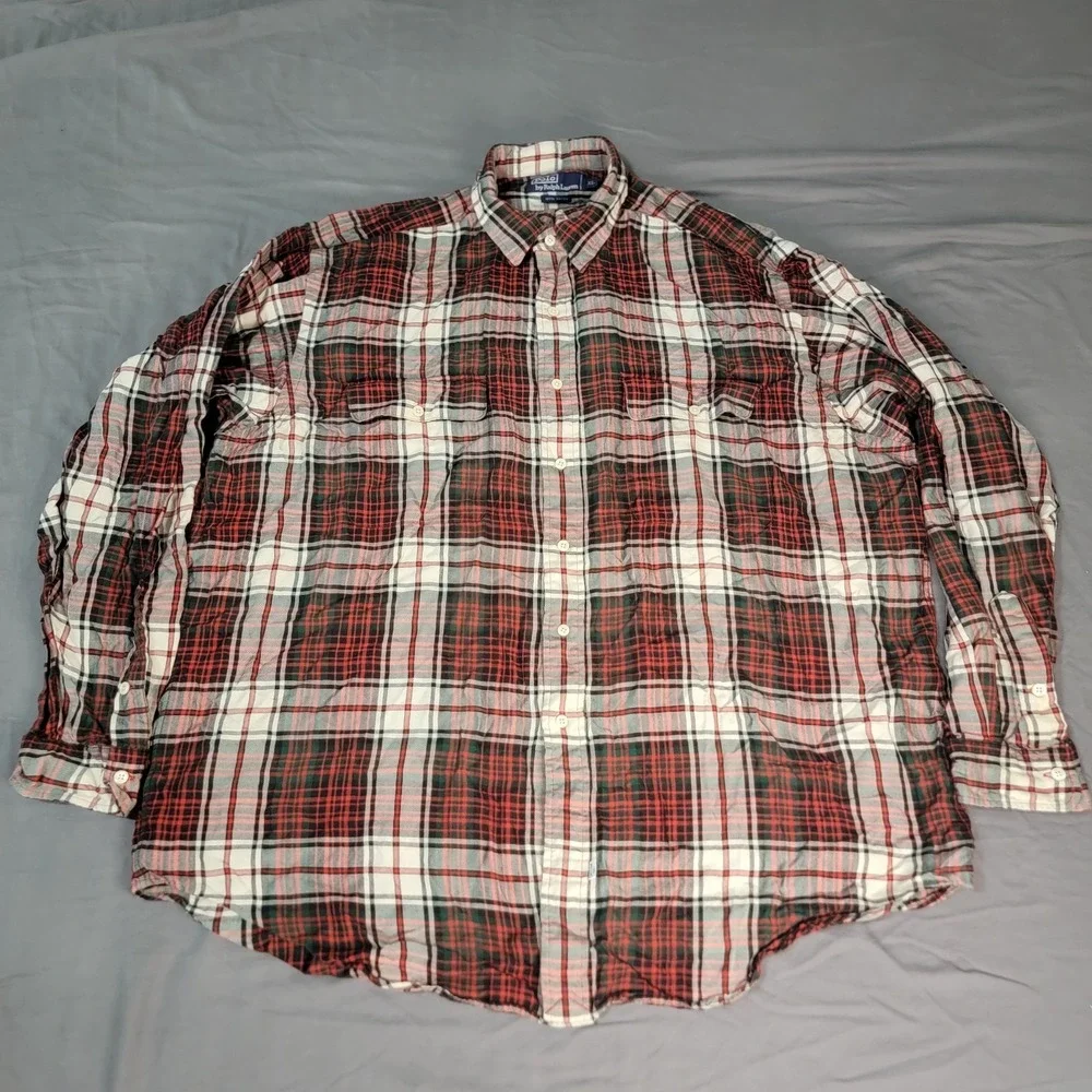 Polo Ralph Lauren Rayon Shirt Men's 2XL Plaid Multicolor Button Up Long Sleeve